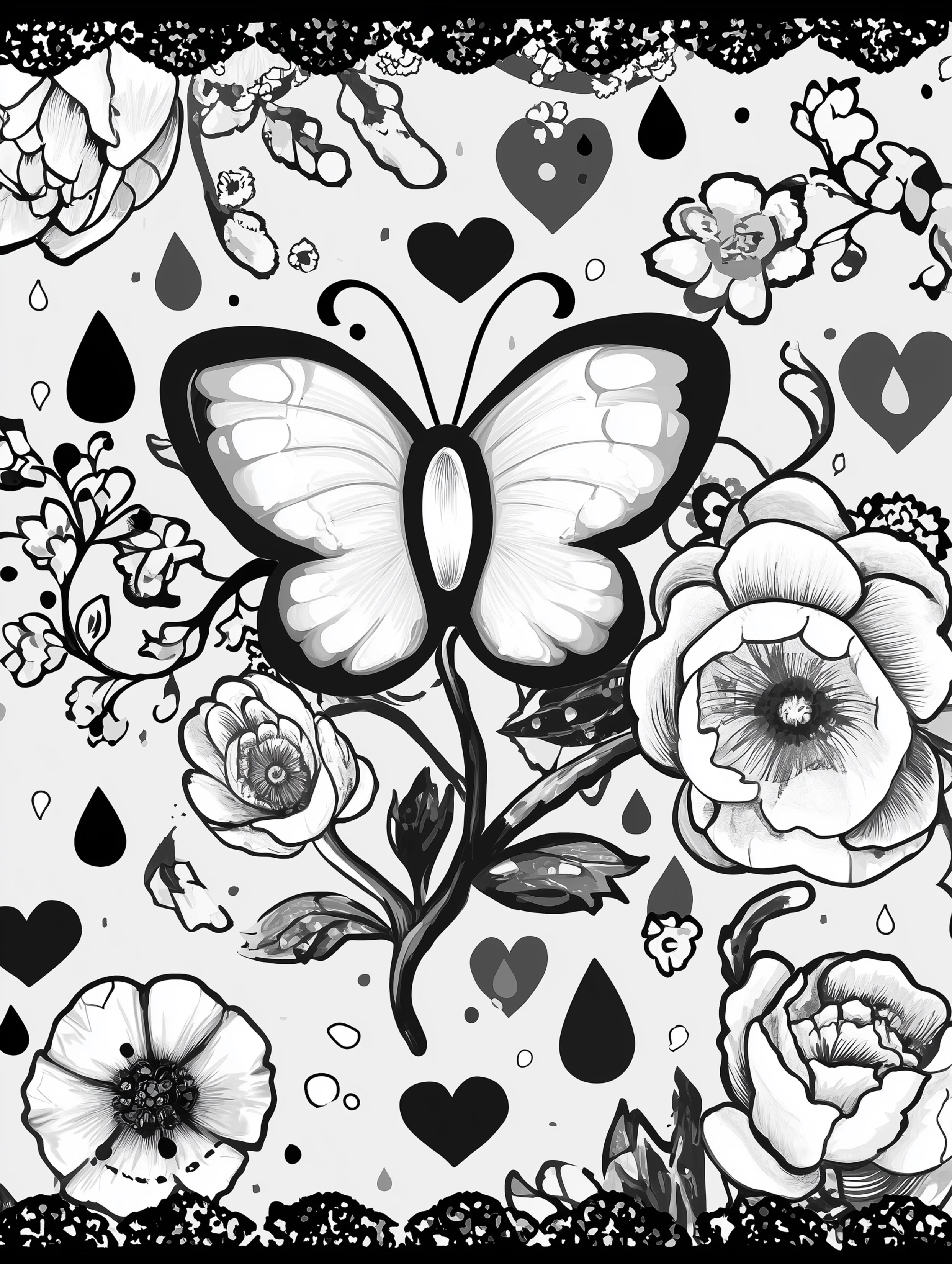 Free printable butterfly coloring page for adults featuring a butterfly with stemmed elements